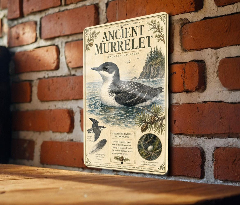A vintage-style metal sign with illustrations and text, mounted on a brick wall.