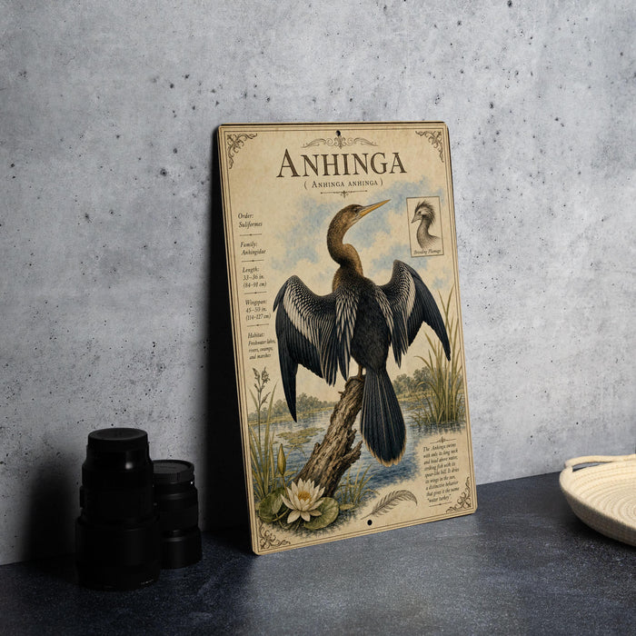 a detailed illustration of an Anhinga, a large bird of the family Anhingidae, perched on a branch with its wings spread wide. The Anhinga is depicted in a vintage style, with intricate details and a rich color palette. The illustration is set against a backdrop of a natural environment, including a pond and lush vegetation.