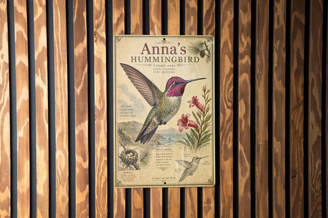 A vintage-style metal sign featuring an illustration of a hummingbird, with text and illustrations related to the bird.