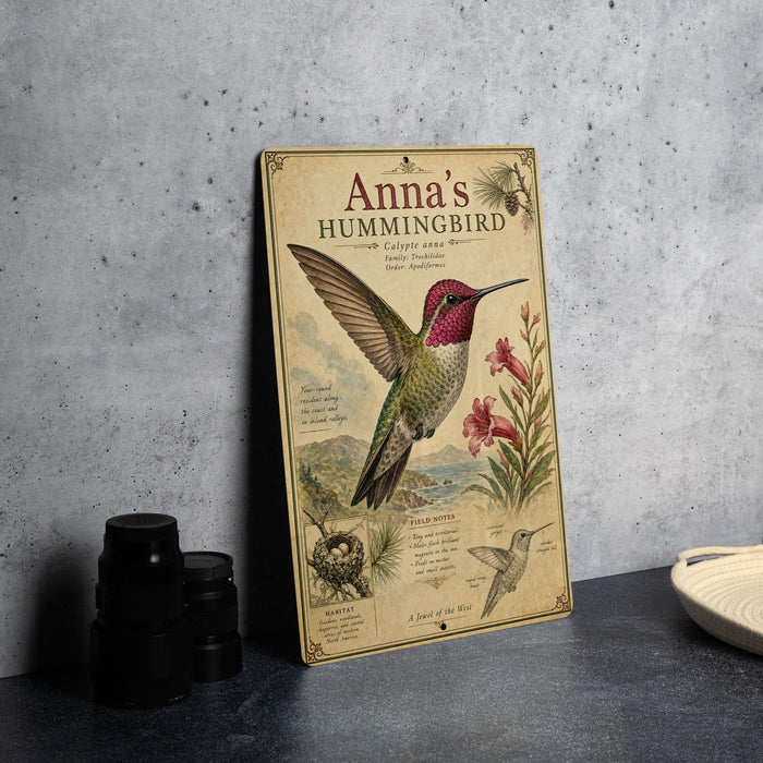 A framed illustration of a hummingbird is displayed on a wall, featuring detailed illustrations of the bird and its surroundings.