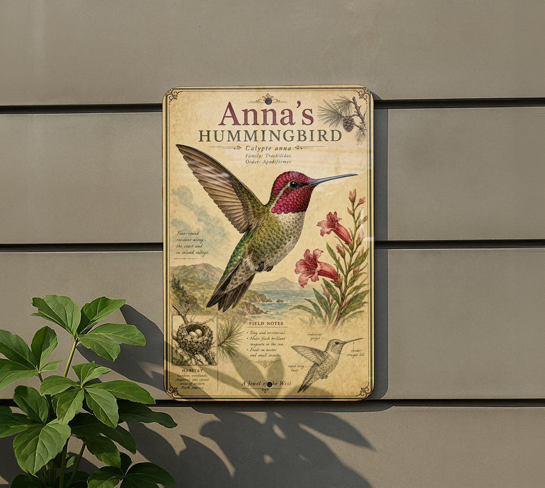 a vintage-style metal sign with illustrations and text about a hummingbird, mounted on a wall next to a plant.