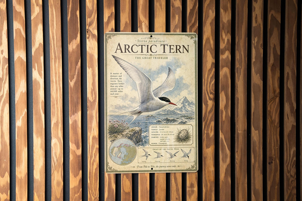 a poster about the Arctic tern, a migratory bird that travels thousands of miles between its breeding and wintering grounds.