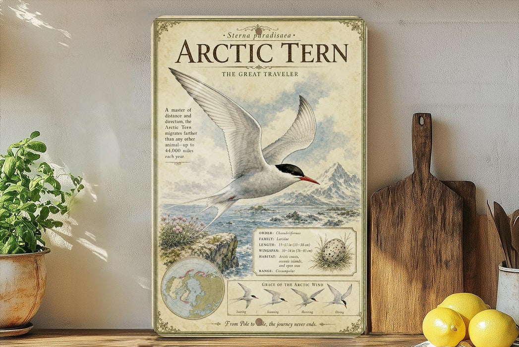 a poster of an Arctic tern, a medium-sized seabird, with a detailed illustration of the bird in flight and a map of the Arctic region.