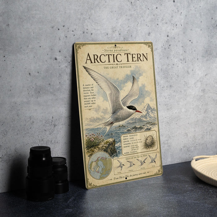 A metal sign with an illustration of a bird, likely an Arctic tern, is displayed on a table next to some black camera lenses.