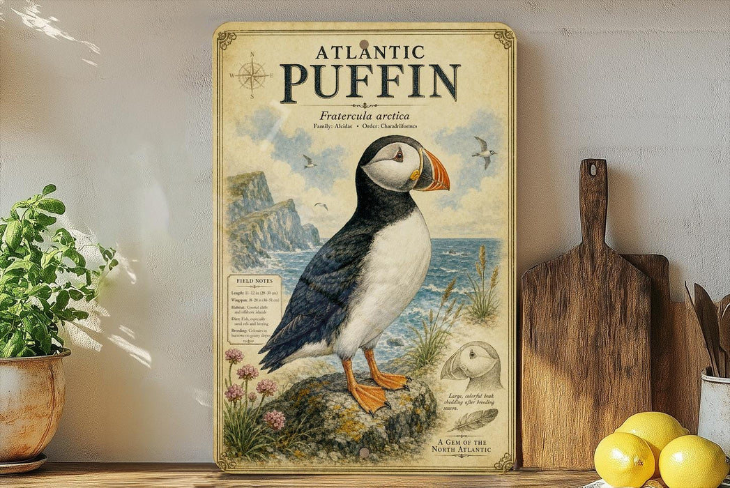 A vintage-style poster of an Atlantic puffin, a type of seabird, is displayed on a wall next to a wooden cutting board and some kitchen utensils.