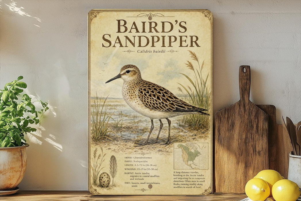 a vintage-style illustration of a sandpiper bird, with a wooden board displaying information about the bird, placed on a wooden shelf next to a potted plant and a cutting board.