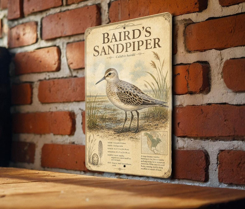 A metal sign with a picture of a sandpiper bird and text, mounted on a brick wall.