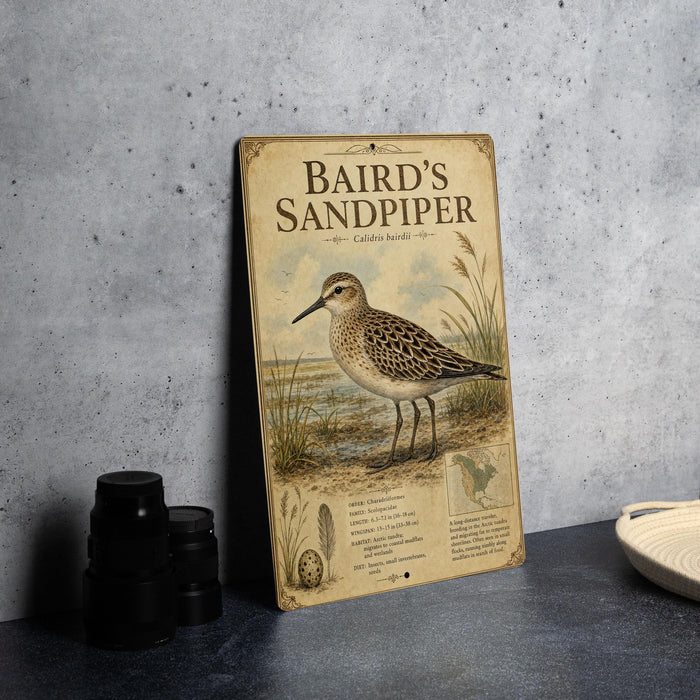 A metal sign with an illustration of a sandpiper bird, placed on a table next to some black camera lenses.