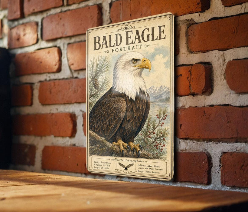 A vintage-style metal sign featuring an illustration of a bald eagle perched on a branch, with a brick wall in the background.