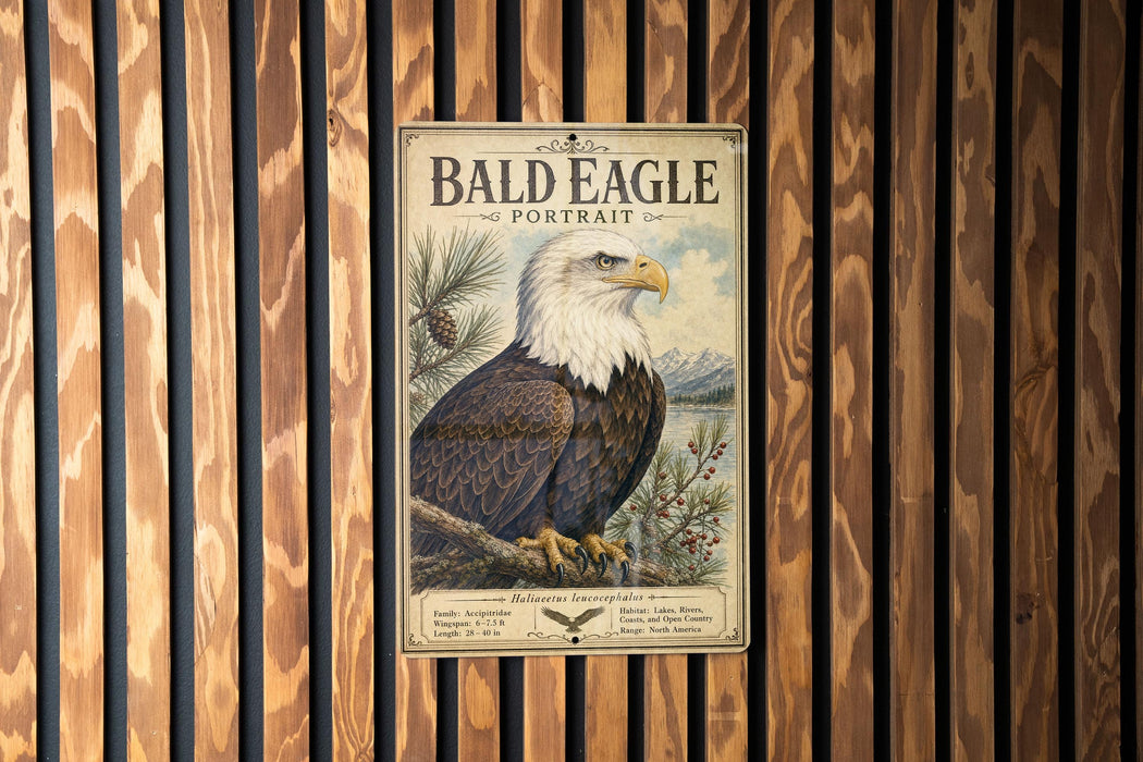 A vintage-style metal sign featuring an illustration of a bald eagle perched on a branch, with text describing the bird's features and habitat.