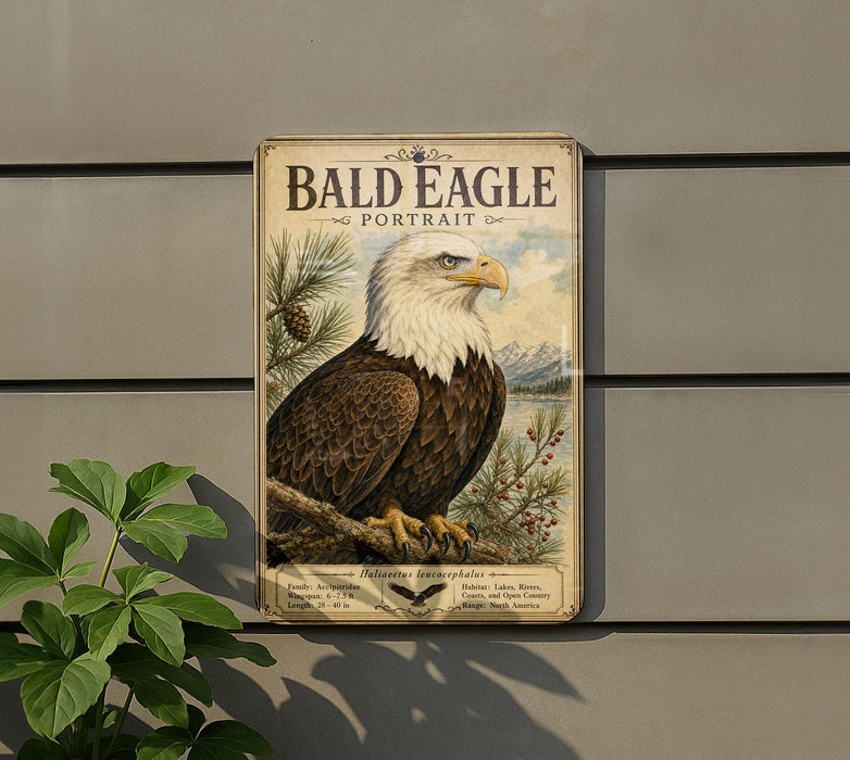 A metal sign featuring a bald eagle, with the text "BALD EAGLE PORTRAIT" prominently displayed.