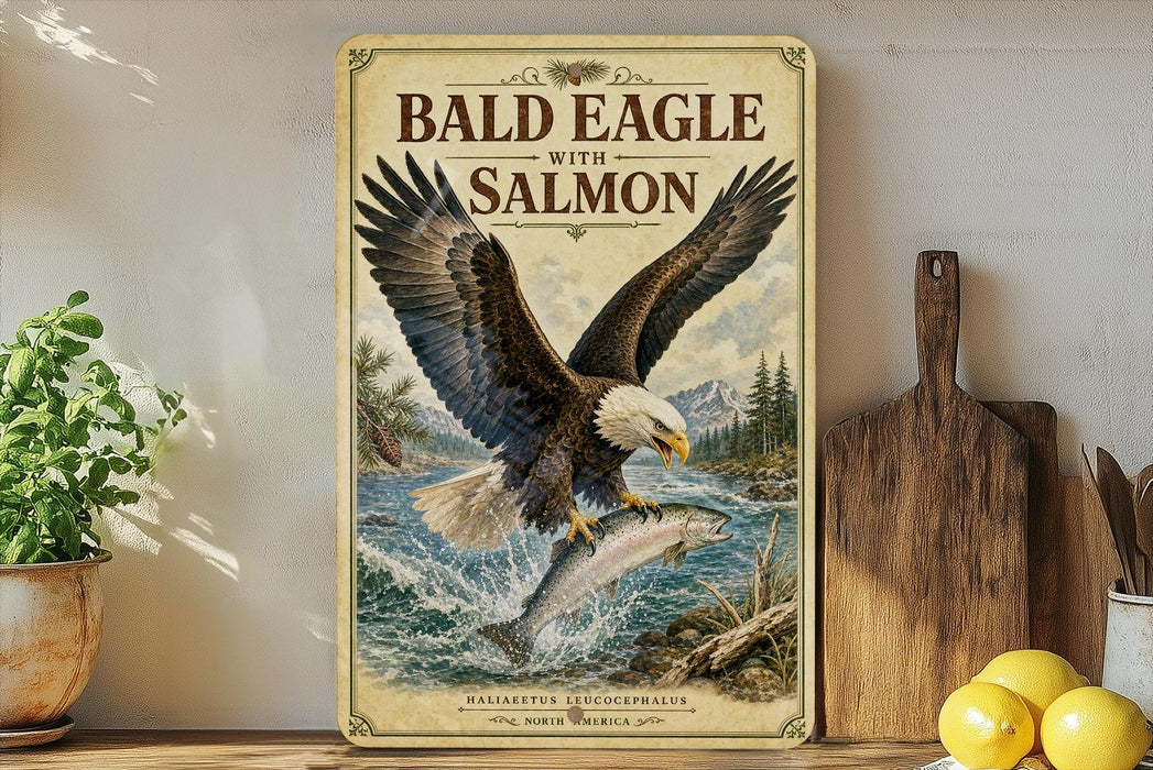 A framed poster of a bald eagle with salmon on a shelf, surrounded by kitchen utensils and a potted plant.