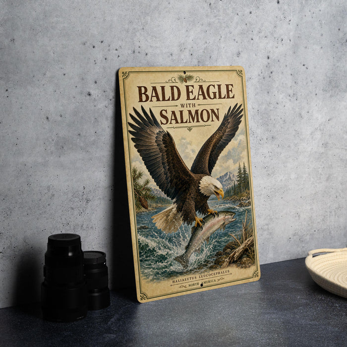 a vintage-style sign with a bald eagle and salmon, placed on a countertop next to some black camera lenses.
