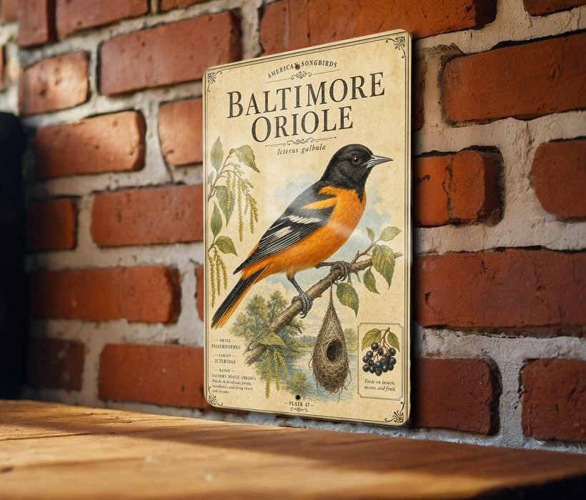 A vintage-style metal sign featuring an illustration of a Baltimore Oriole bird perched on a branch, with a brick wall in the background.