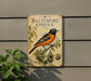 A vintage-style metal sign for the Baltimore Oriole, featuring an illustration of the bird perched on a branch with a nest.