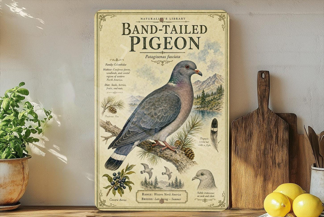 a vintage-style poster of a band-tailed pigeon, with illustrations of the bird, pine trees, and other natural elements. The poster is displayed on a wooden shelf, with a potted plant and a wooden cutting board visible in the background.