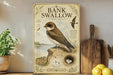 a vintage-style poster or illustration of a Bank Swallow, which is a type of bird, placed on a shelf next to a wooden cutting board and some lemons.