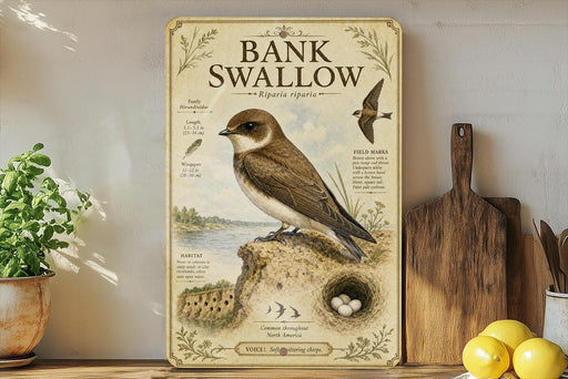 a vintage-style poster or illustration of a Bank Swallow, which is a type of bird, placed on a shelf next to a wooden cutting board and some lemons.