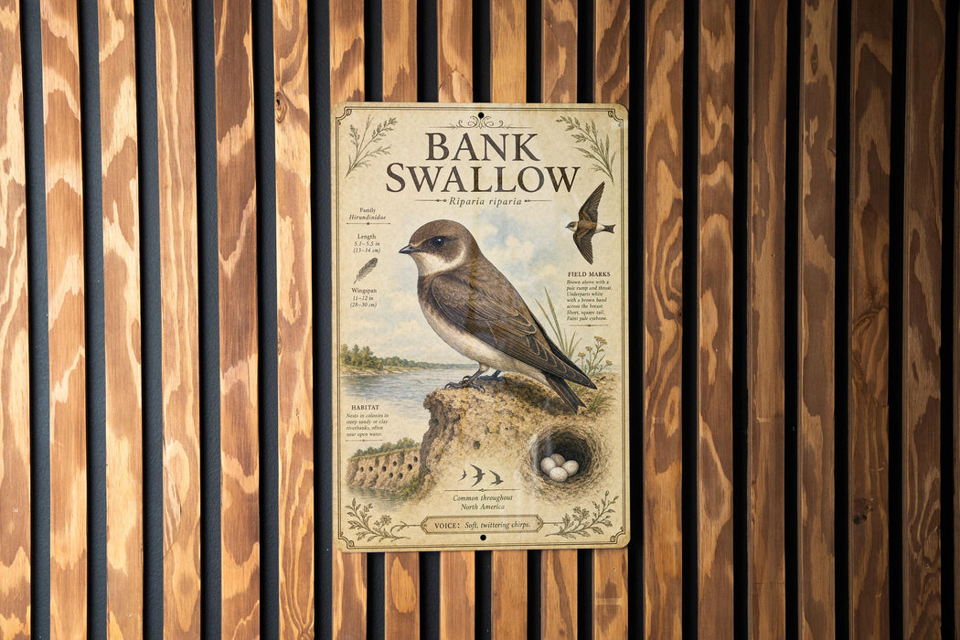 a sign with a picture of a bird, specifically a swallow, perched on a rock. The sign is mounted on a wooden wall with vertical slats.