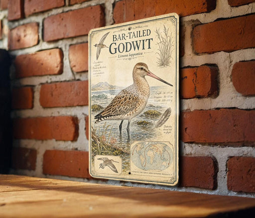 a vintage-style metal sign with a detailed illustration of a bar-tailed godwit, a type of wading bird, mounted on a brick wall.