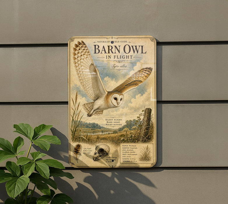 a vintage-style metal sign with an illustration of a barn owl in flight, mounted on a wall.
