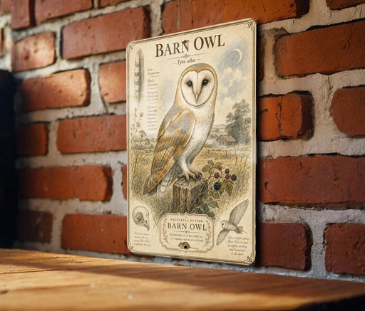 a metal sign with an illustration of a barn owl, mounted on a brick wall.