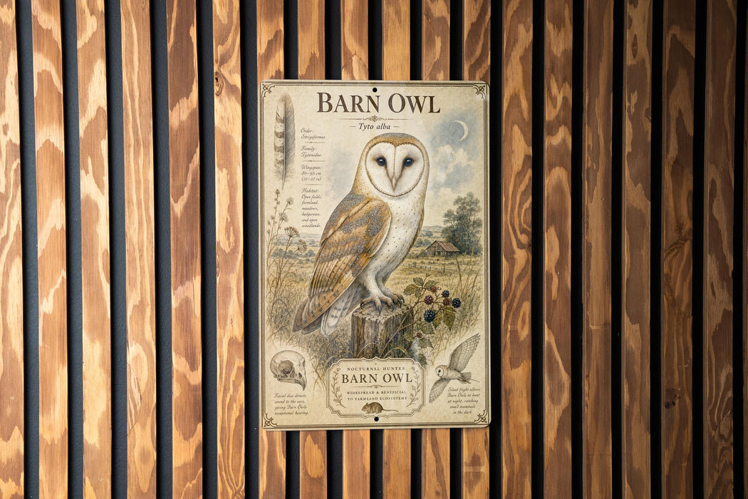 a poster of a barn owl, which is mounted on a wooden wall.