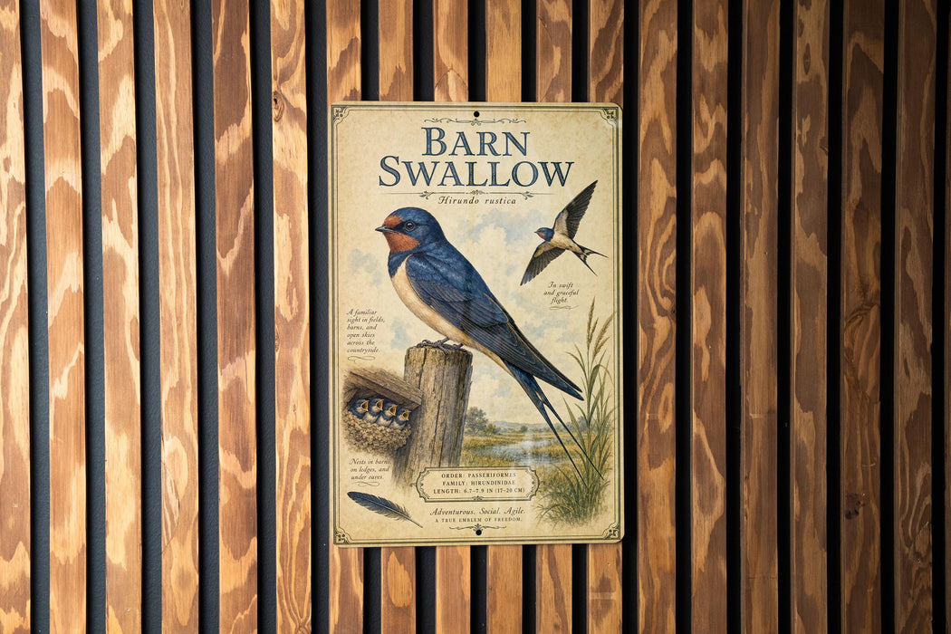 a vintage-style illustration of a barn swallow perched on a wooden post, with additional illustrations and text providing information about the bird.