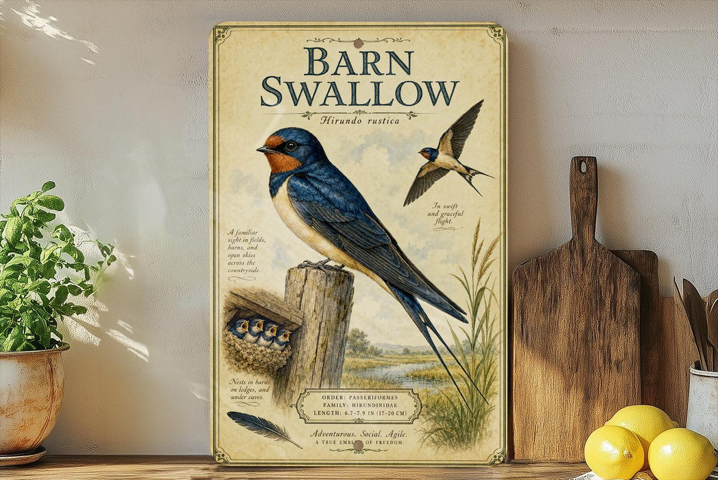 a vintage-style poster of a barn swallow, with illustrations of the bird and its nest, displayed on a shelf next to a wooden cutting board and some potted plants.