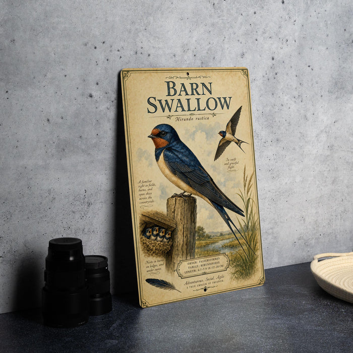 A vintage-style metal sign with illustrations of barn swallow birds and text, placed on a countertop next to some black camera lenses.