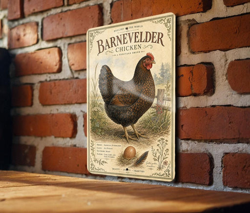 A vintage-style metal sign featuring an illustration of a chicken, mounted on a brick wall.