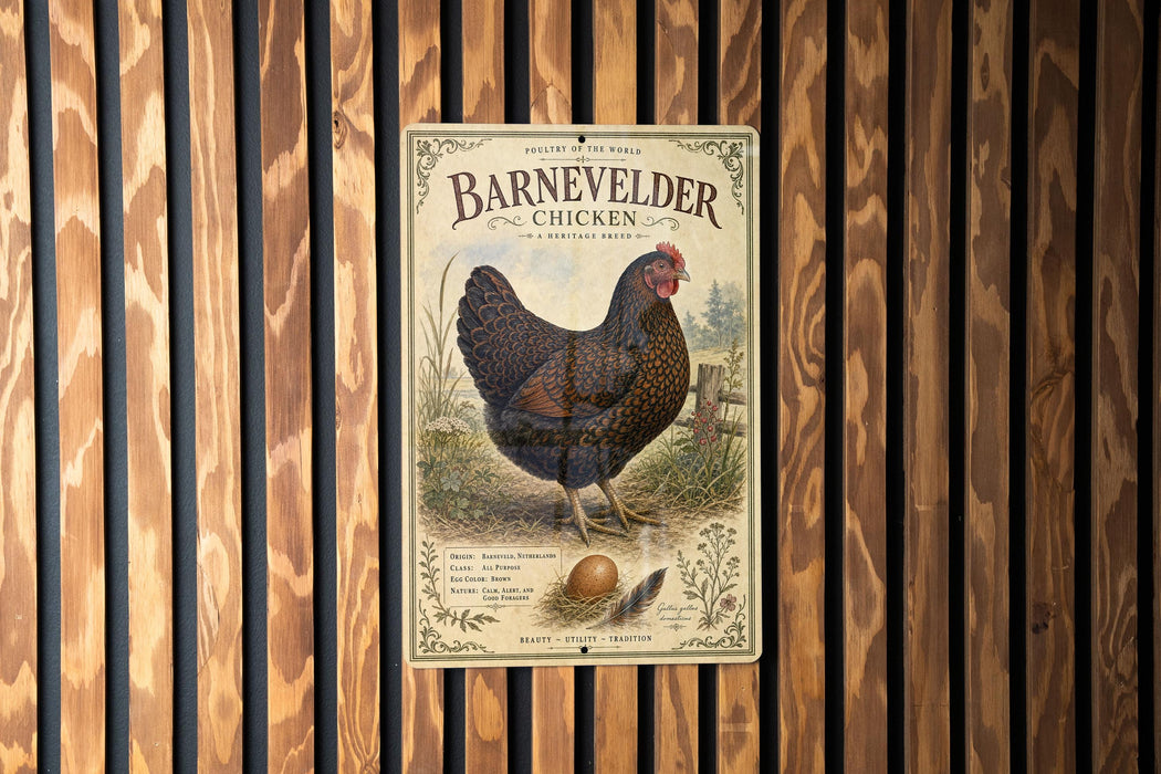 A vintage-style metal sign with an illustration of a chicken, mounted on a wooden wall.