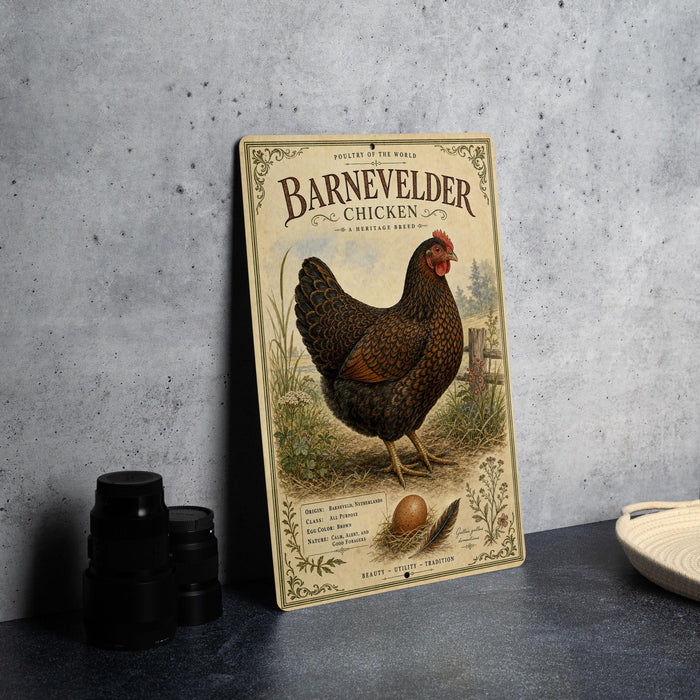 A vintage-style metal sign featuring an illustration of a barnyard chicken, with text describing the chicken as "Barnevelder Chicken" and "Organic".