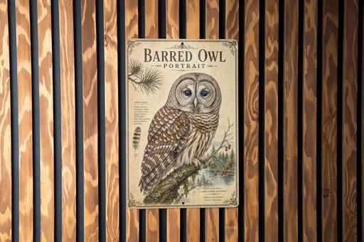 a vintage-style poster of a barred owl, which is mounted on a wooden wall.
