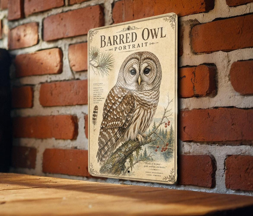 a vintage-style illustration of a barred owl on a brick wall, with a wooden table in the foreground.