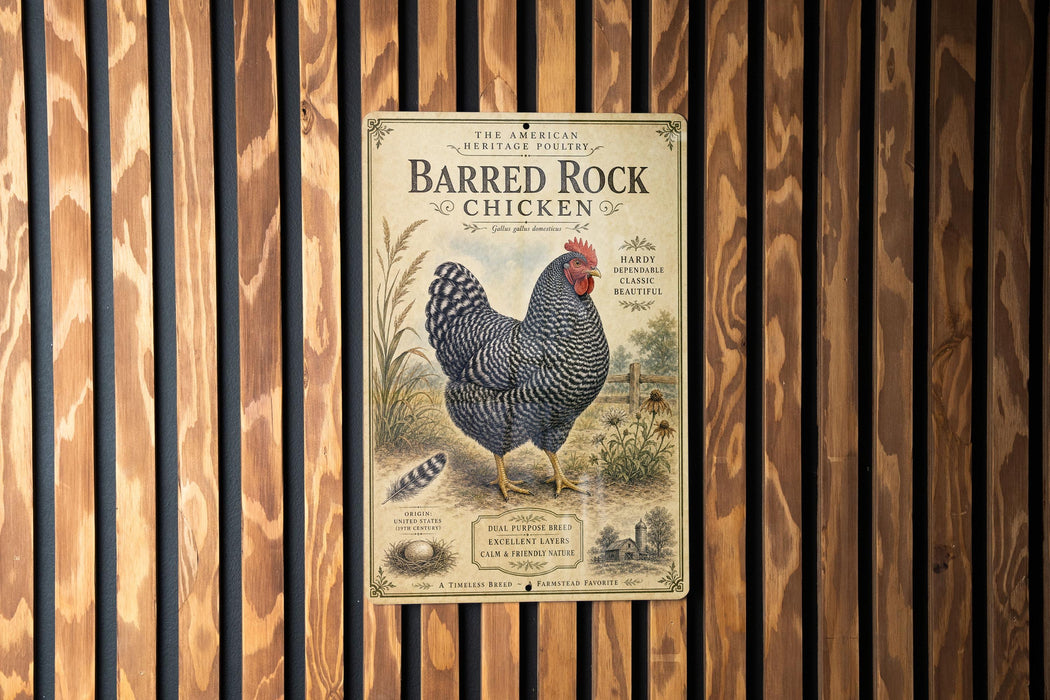 a vintage advertisement for Barred Rock Chicken, which is a specialty breed known for its distinctive appearance and taste.