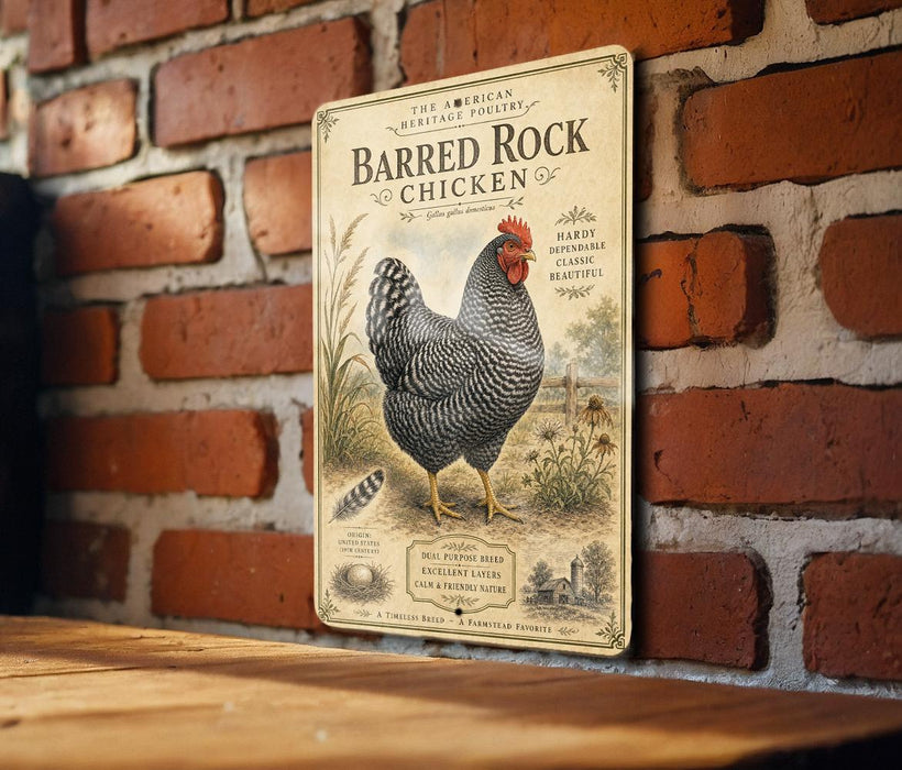 a vintage-style metal sign with a black and white illustration of a chicken, placed on a wooden surface against a brick wall.