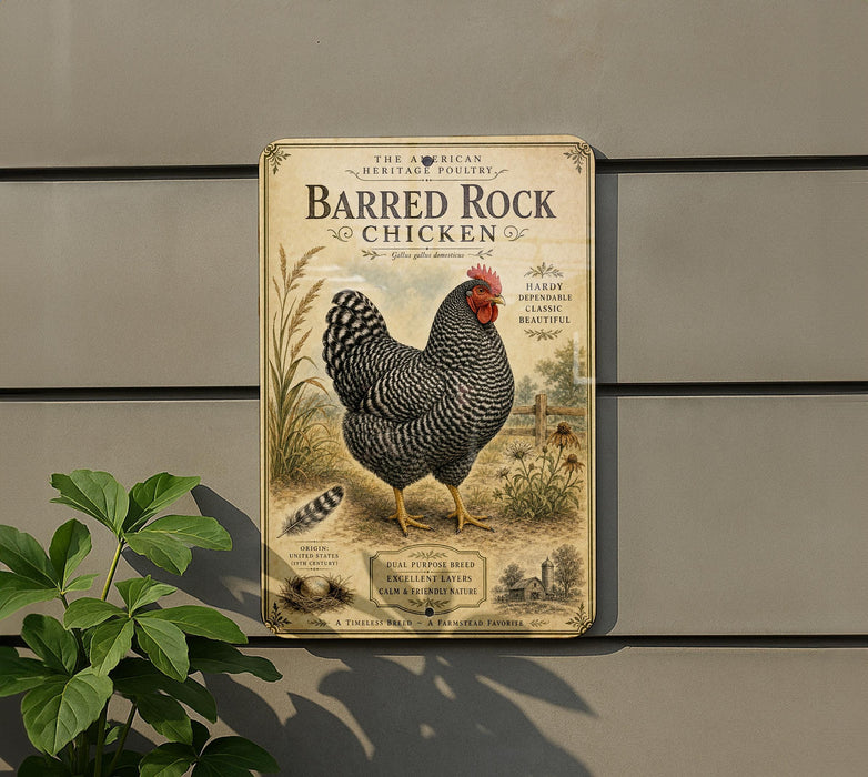 a vintage advertisement for Barred Rock Chicken, which is a specialty breed of chicken known for its distinctive appearance and taste.