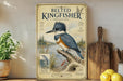 A poster of a belted kingfisher, a type of bird, is displayed on a shelf next to a wooden cutting board and some fruit.