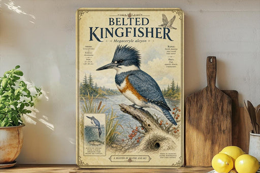 A poster of a belted kingfisher, a type of bird, is displayed on a shelf next to a wooden cutting board and some fruit.