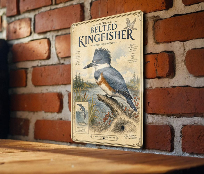 A metal sign with a picture of a kingfisher bird is mounted on a brick wall.