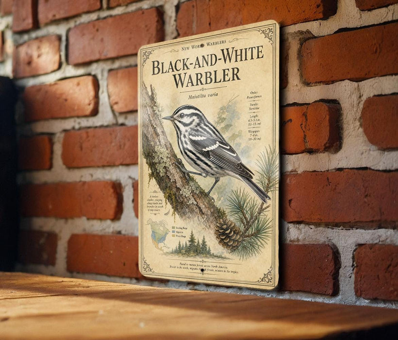 a vintage-style metal sign with a black and white illustration of a bird perched on a branch, mounted on a brick wall.
