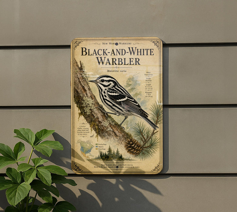 a vintage-style metal sign with a black and white illustration of a bird, likely a warbler, perched on a branch. The sign is mounted on a wall and is surrounded by greenery, including a plant.