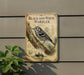 a vintage-style metal sign with a black and white illustration of a bird, likely a warbler, perched on a branch. The sign is mounted on a wall and is surrounded by greenery, including a plant.
