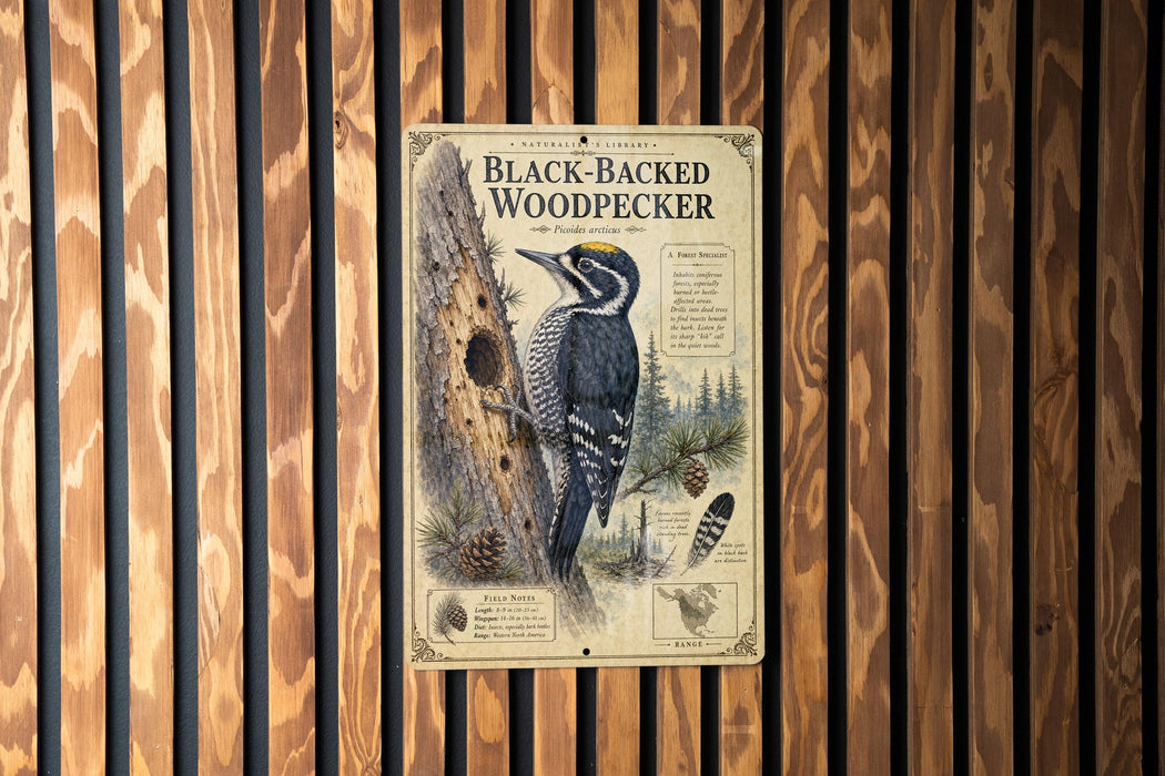 a poster of a black-backed woodpecker, which is mounted on a wooden wall.