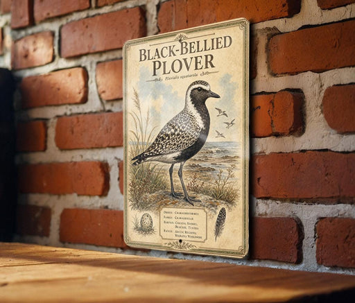 A vintage-style metal sign with a black and white illustration of a bird, mounted on a brick wall.