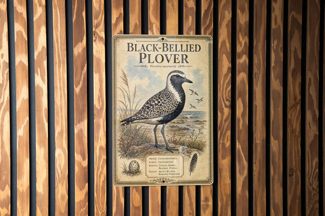 a vintage advertisement for the Black-Bellied Plover, a bird species, displayed on a wooden wall.
