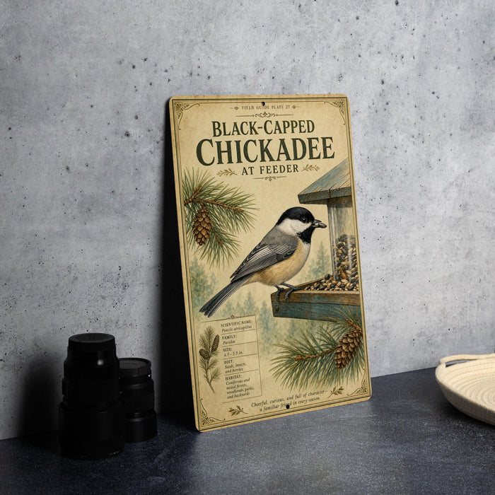 A vintage-style metal sign featuring a black-capped chickadee bird perched on a bird feeder, surrounded by pine cones and other natural elements.