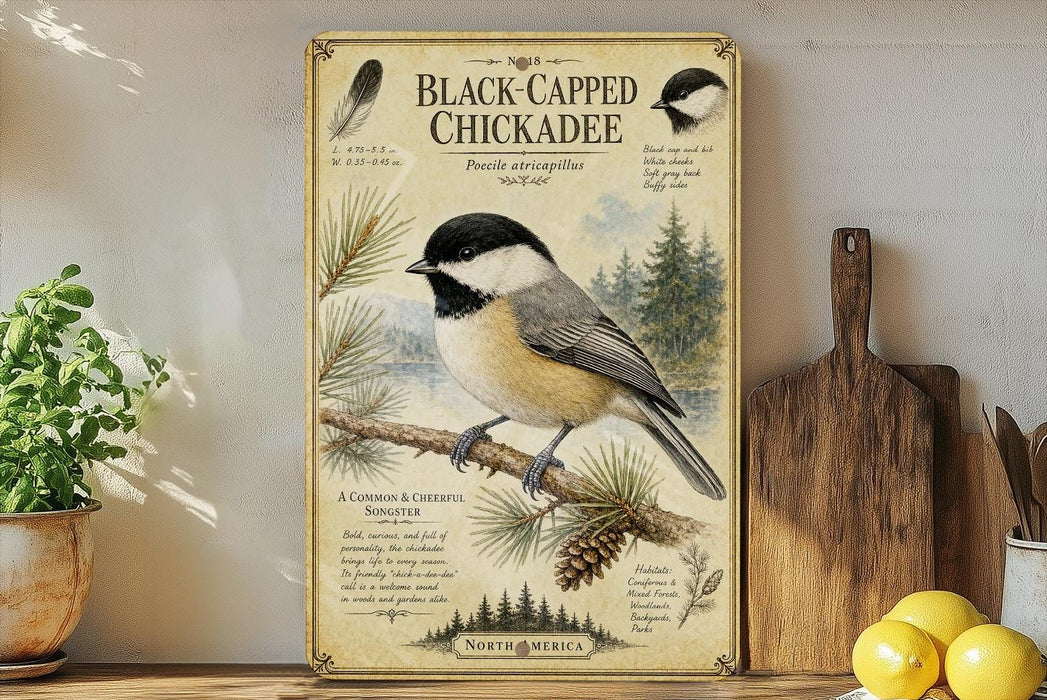 A vintage-style illustration of a black-capped chickadee, featuring detailed text and illustrations of the bird perched on a pine branch.