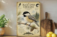 A vintage-style illustration of a black-capped chickadee, featuring detailed text and illustrations of the bird perched on a pine branch.